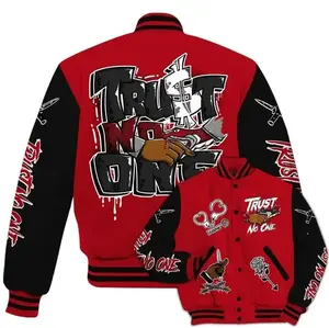 Bred Velvet 11s - Trust No One Dripping All Over Print Varsity Jacket Outfit, Stylish Unisex Streetwear Outerwear, Sneaker Match Gifts Idea for Her Him, Varsity Jacket Fan Shirt