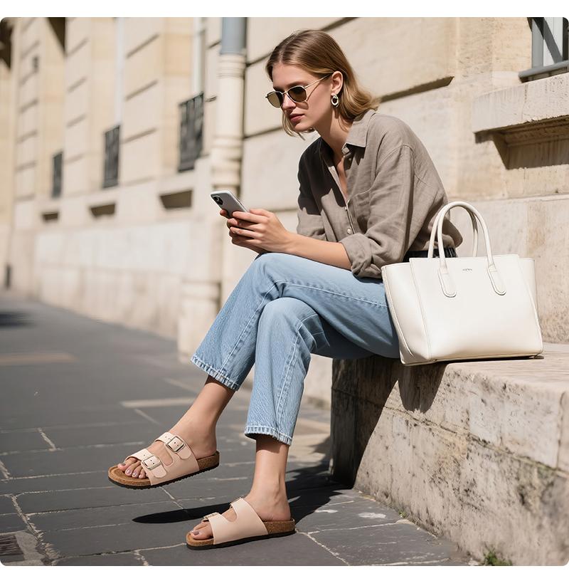 Trary Women's Flat Cork Footbed Sandals, Women Slide Sandals, Adjustable Buckle Slip-On Open Toe Slippers Spring Summer Size 6-11, Dealsforyoudays