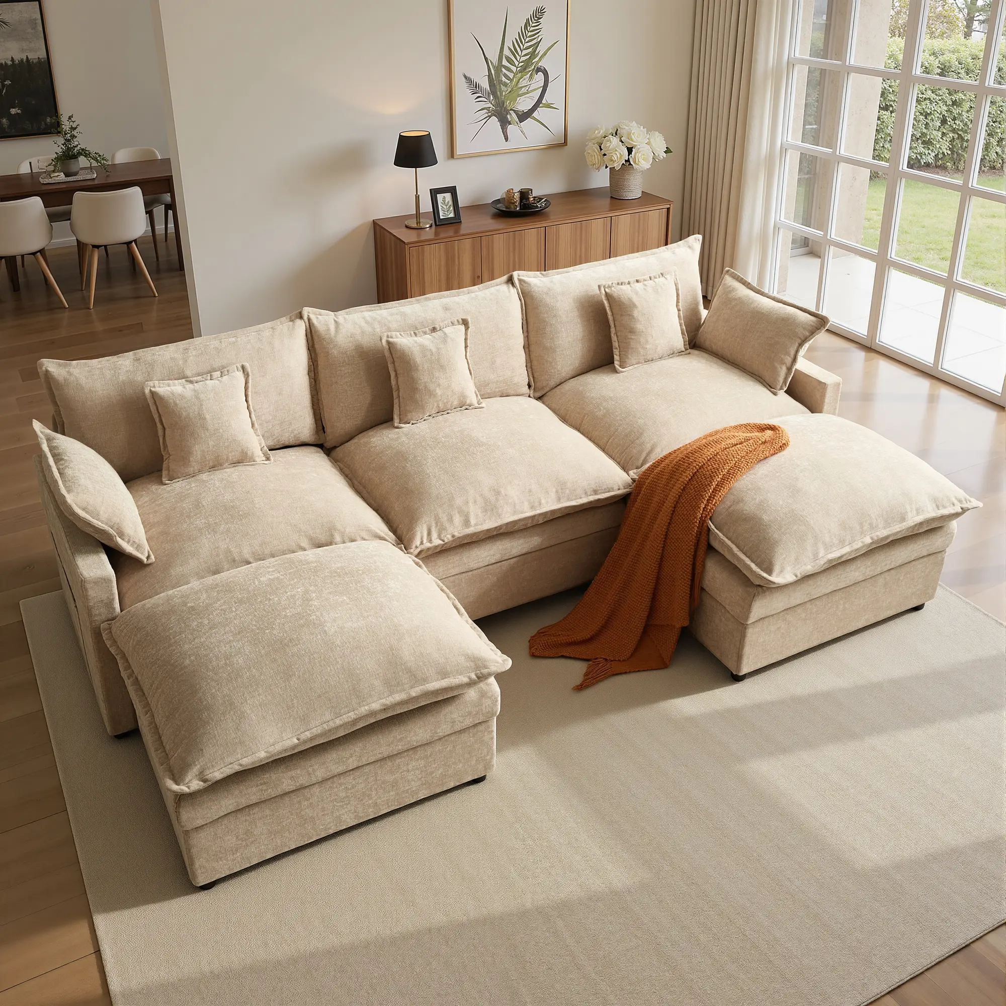 XIZZI 108" U Shaped Oversized Modular Corduroy Sectional Cloud Couch with 2 Ottoman, 5-Seat Chenille Deep Seat Sofa 5 Pillow for Living Room Bedroom Apartment - Easy Assembly Design