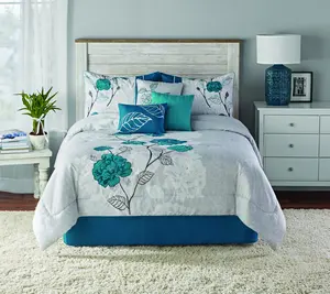 Artistic Home Textiles –Luxury 7 Piece Teal Floral Comforter Set with Bed Skirt & Decorative Pillows (Queen / King / Cal King)