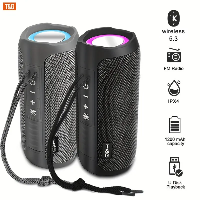T&G TG-227 IPX5 Waterproof Bluetooth Speaker, Dynamic RGB Rhythm Lights, Hands-free Call & FM Radio, Portable Carry Lanyard, Rich Bass Sound, For Beach, Shower, Camping, Party, Cost-effective Outdoor Music Gift Audio Smartphone