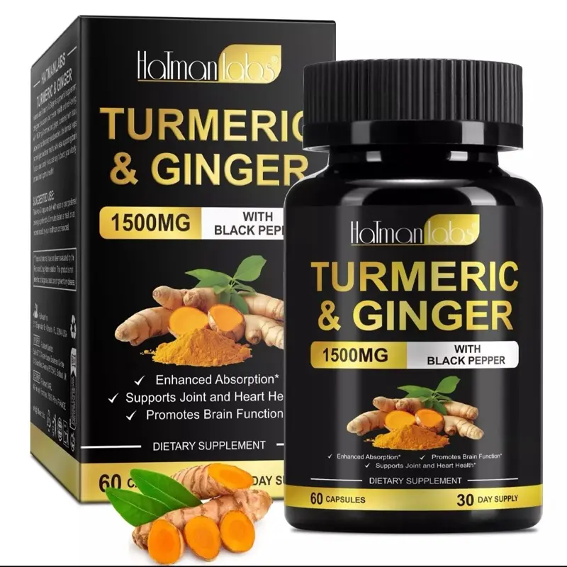 Vegan Turmeric Curcumin & Ginger Botanical Extract Blended Supplement, 1500mg Curcumin Blend with Black Pepper, 60 Capsules, Ginger Added Gut Support Daily Dietary Supplement for Adults