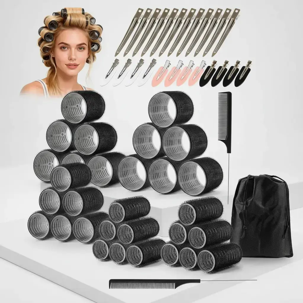 Hair Rollers with Clips 24 PCS Velcro Rollers for Hair Volume 4 Sizes with 24 Clips, Big Hair Curlers Rollers for Long Medium Short Hair DIY Hairdressing Hair Curling Tool Hair Care Styling Hair Tools Hair Rollers Wave, Black