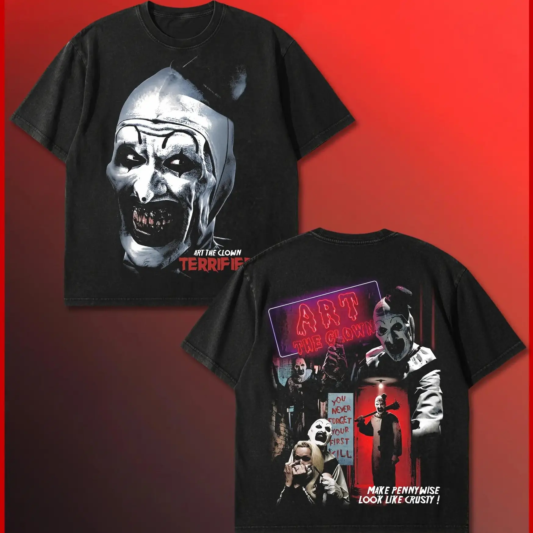 Terrifier Movie Merch T Shirt 2 Sides, Art The Clown Vintage 90s Style Slasher Graphic Top, Represent Black Heavyweight Oversized Premium Cotton, Make Pennywise Look Like Crusty Apparel, Halloween Spooky Fan Gift Top