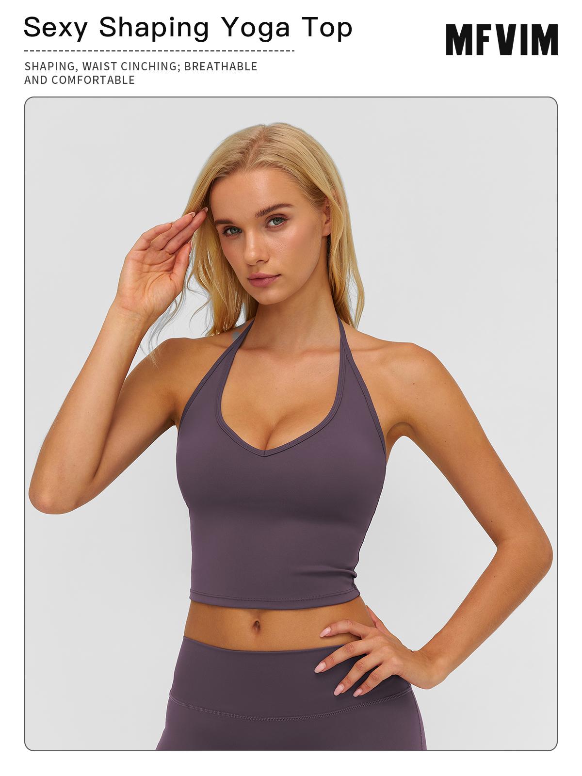 MFVIM Women's Fitted Sexy Shaping Yoga Top - Female V-Neck with Necklace Design, Breathable Skin-Friendly Nude Fabric, Ideal for Yoga, Gym, All Seasons