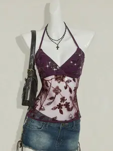 Dobris Lee Halter Backless Sequin Sheer Floral Print Cropped Camisole Boho Chic V Neck Wrap Design Slim Fit Sexy Summer Party Going Out Outfit Women Fashion Top