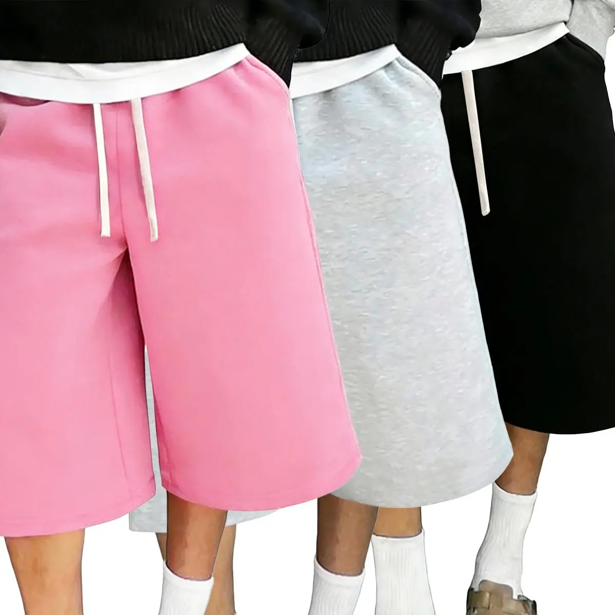 Men’s solid-color 3/4 jogger shorts; elastic waistband drawstring casual athletic shorts; loose over-the-knee street-style sports shorts; suitable for everyday wear. Beige Grey