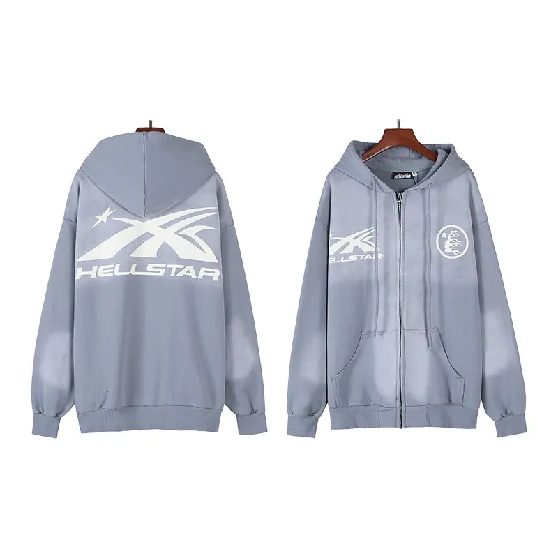 HELLSTAR Certified Professional Y2K Premium Dusty Blue Zip Up Hoodie Faded Airbrush Halo Star Graphic Casual Mens Standard Fit