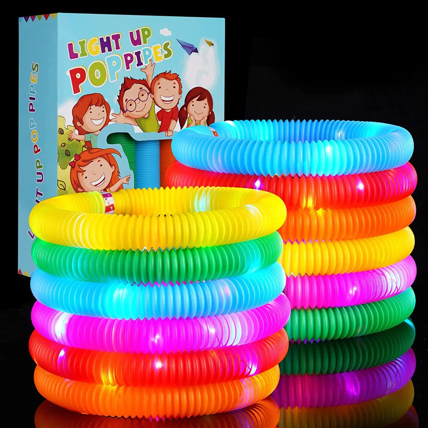 12-PC PVC Light Up Pop Pipes Playful Stress Relief Toy Set, Glowing Interactive Play Classic Novelty Toy with Batteries, Christmas Holiday Party Glow Favors, Birthday Favors Goodie Bags Fillers