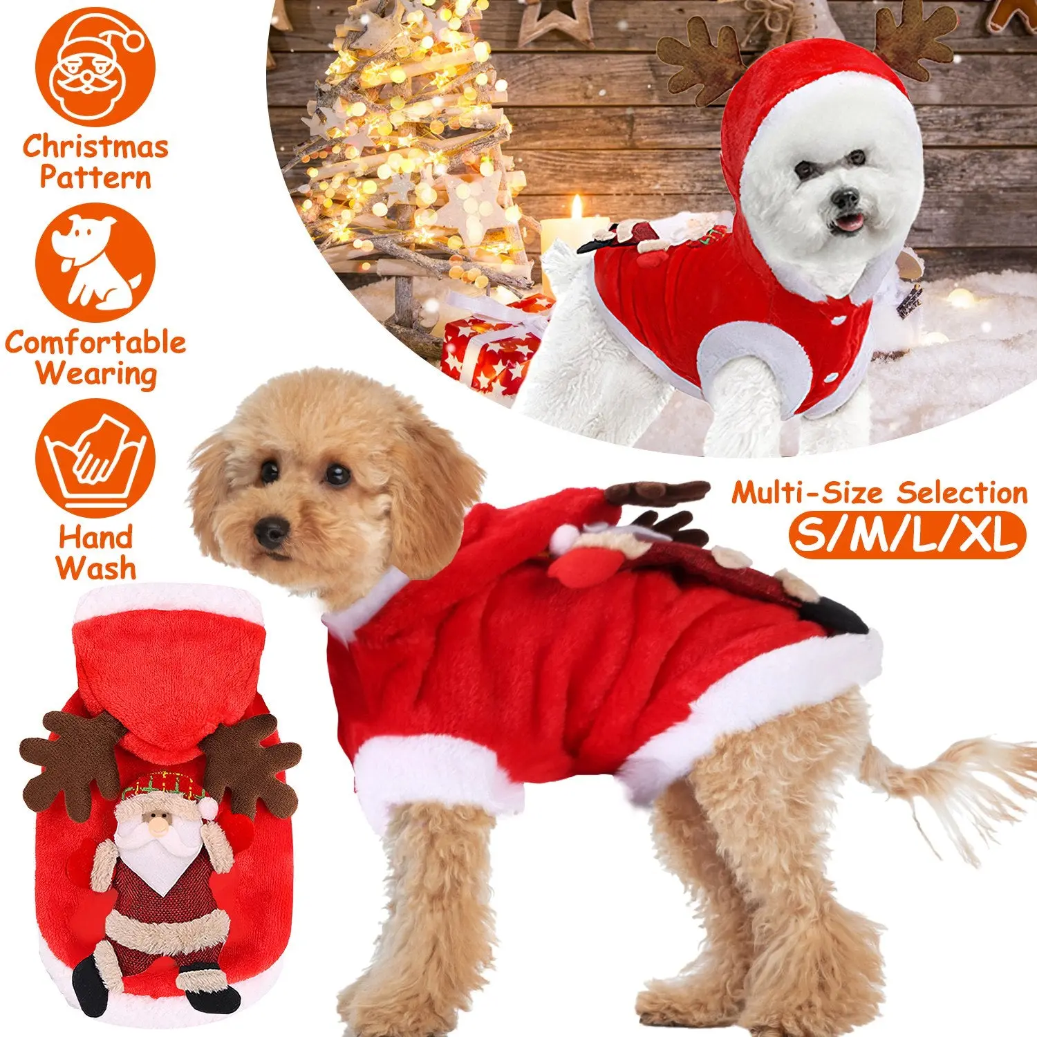 Pet Christmas Holiday Wear, 1-Piece Santa Claus & Antler Hood Costume with Comfortable Fit, Multi-Size for Dogs & Cats, One-Piece