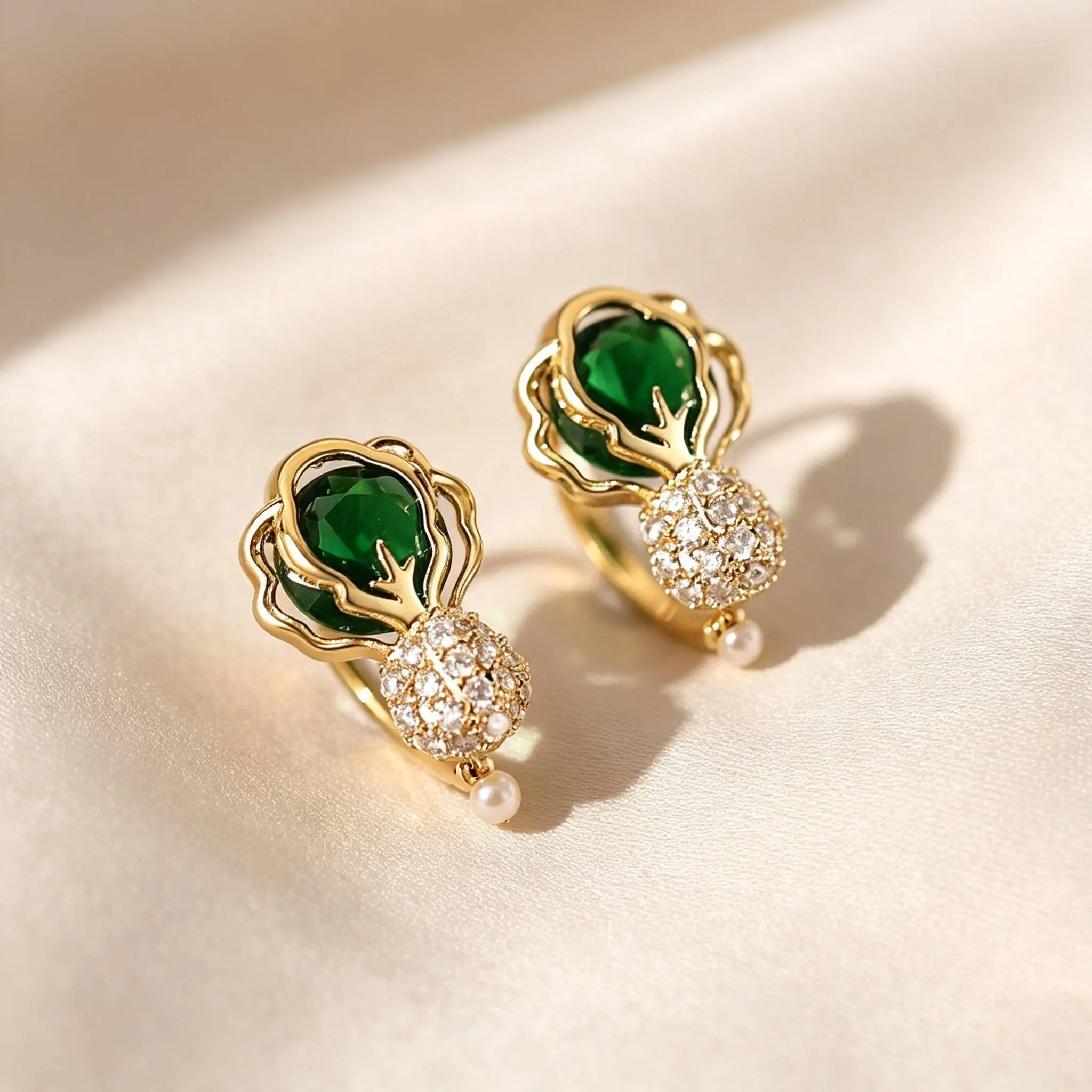 Women's Elegant Green Artificial Gemstone Stud Earrings, Gold-Plated with Diamond Accents, Ideal for Formal Wear
