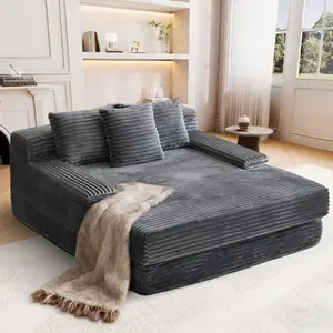 [Father's Day] 67" Oversized Corduroy Chaise Lounge Chair - Indoor Boneless Deep Seat Wide Arm Reading Chair, No-Assembly Upholstered Lounge Sofa for Living Room, Grey/Black (Father's Day Gift Idea)