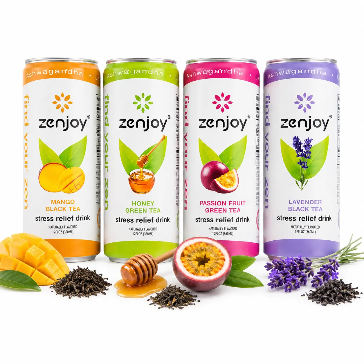Zenjoy Stress Relief Drink, Calming Black and Green Tea, Non Alcoholic, Ashwagandha & Lemon Balm for Anxiety Relief, L - Theanine for Focus (Variety 12pk)