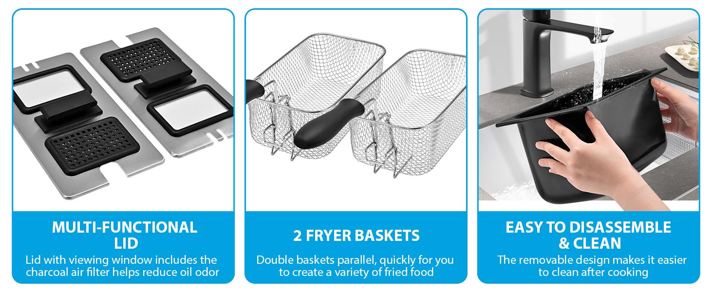 SUSTEAS Electric Double Deep Fryer with 2 Baskets & Lids, 6.3 QT Stainless Steel Removable Double Fryer,Temperature Control,Overheat Protection,3000W Household Appliances