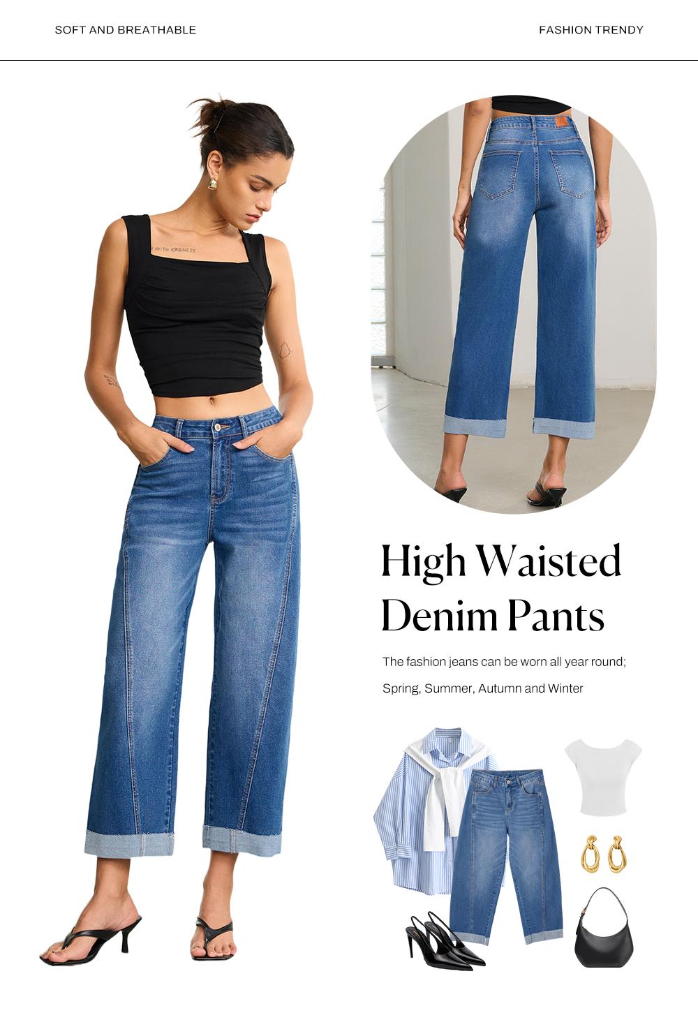 Sidefeel Women's High Waisted Wide Leg Cropped Denim Jeans Relaxed Fit Light Wash Jeans with Rolled Cuffs Sidefeel Women's High Waisted Wide Leg Cropped Denim Jeans Relaxed Fit Light Wash Jeans with Rolled Cuffs