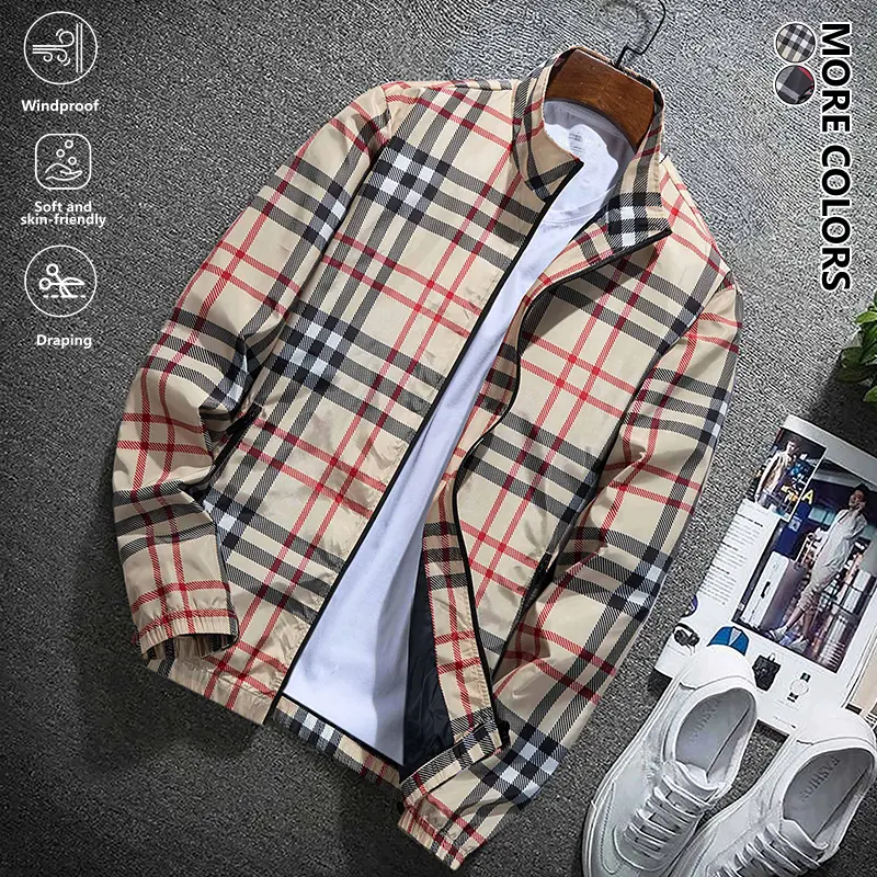 Men's Plaid Pattern Jacket Spring & Autumn Lightweight Casual Trench Coat with Zipper Pockets Classic Aviator Jacket Made with Warm Fabric Soft and Comfortable Stand Collar Sports Jacket Suitable for Dating Running Parties Workouts and Everyday Wear