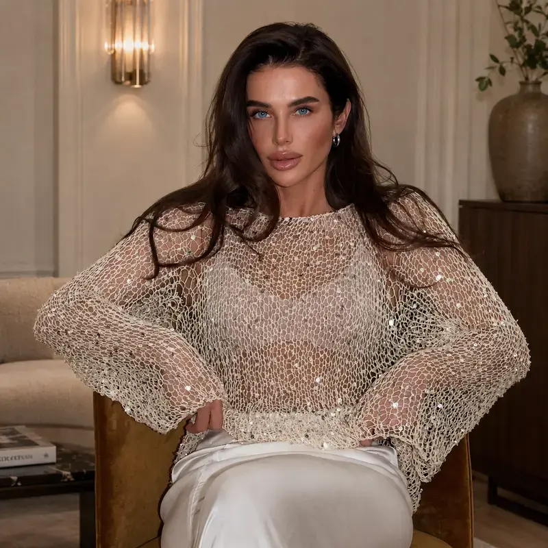 Women's Knitwear Bohemian Blouse - Slim-Fit Full-Sleeve Sequin-Accented Elegant Evening Top with Premium Soft Fabric, Glamour Touch