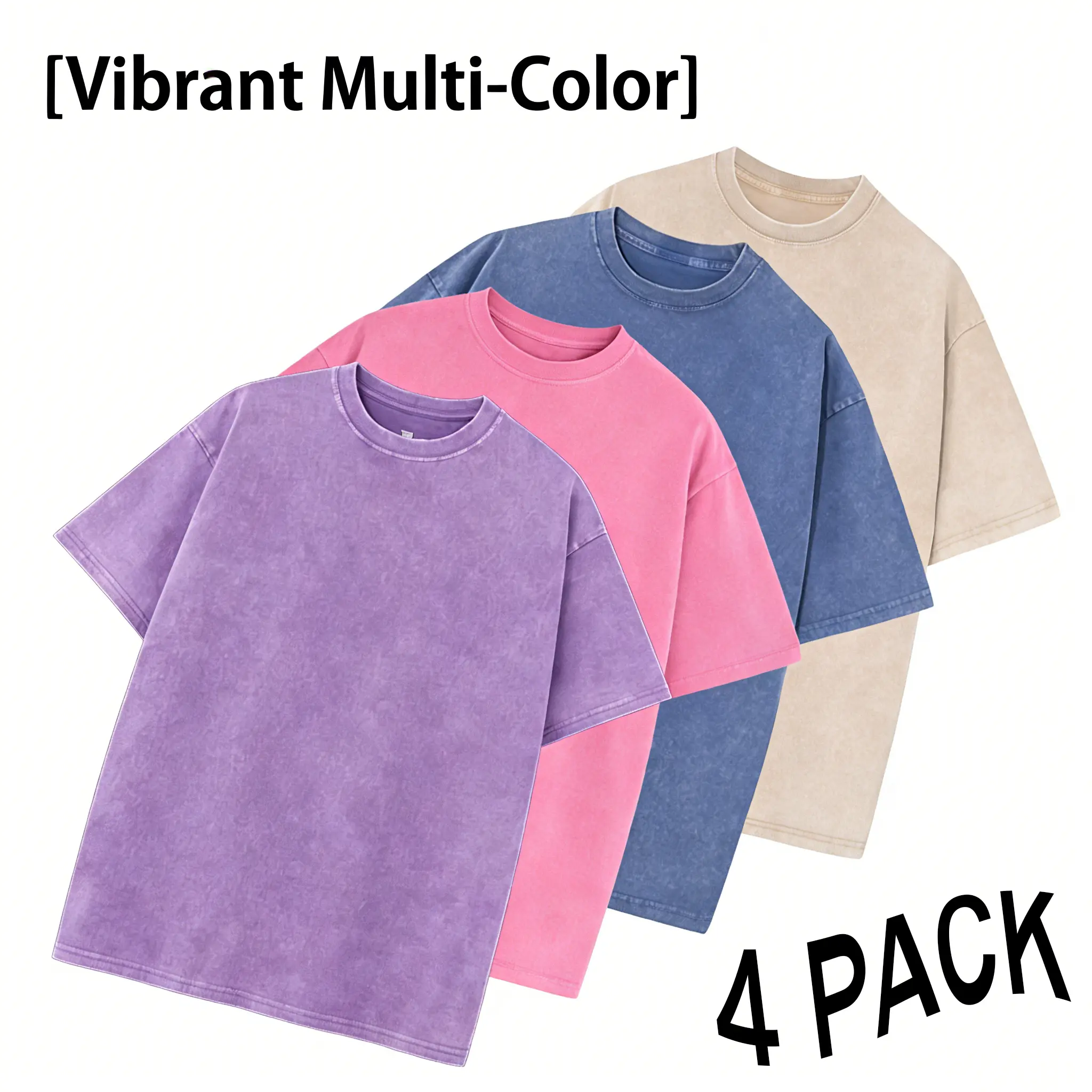 Women's 4-Pack Acid Wash T-Shirt Bundle, Unisex Oversized Heavyweight Cotton Tops, Soft Vintage Round Neck Shortsleeve Baggy Breathable Plain Streetwear Tees, Menswear,back to school,back to school shopping, Distressed