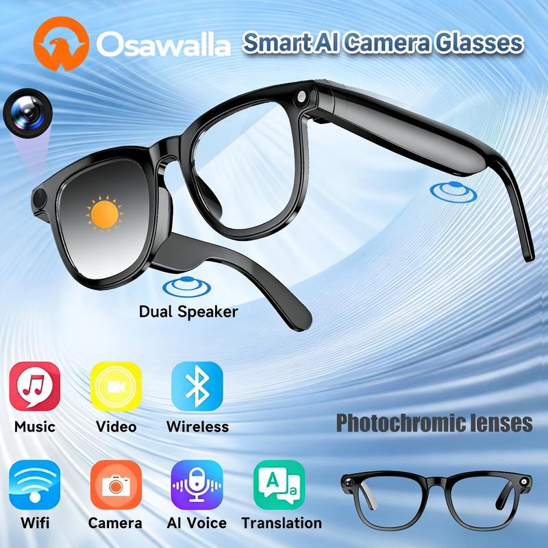 Smart AI Camera Glasses with 8MP Photochromic Lenses ,Button Touch Adjustment for Travel Outdoor Adventures Hands-Free Photography 160+Languages Real-Time Translation Bluetooth Wireless Wearable Video Recording UV Protection