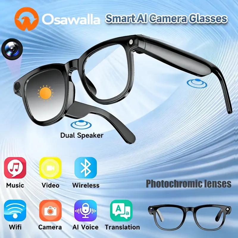 Smart AI Camera Glasses with 8MP Photochromic Lenses ,Button Touch Adjustment for Travel Outdoor Adventures Hands-Free Photography 160+Languages Real-Time Translation Bluetooth Wireless Wearable Video Recording UV Protection
