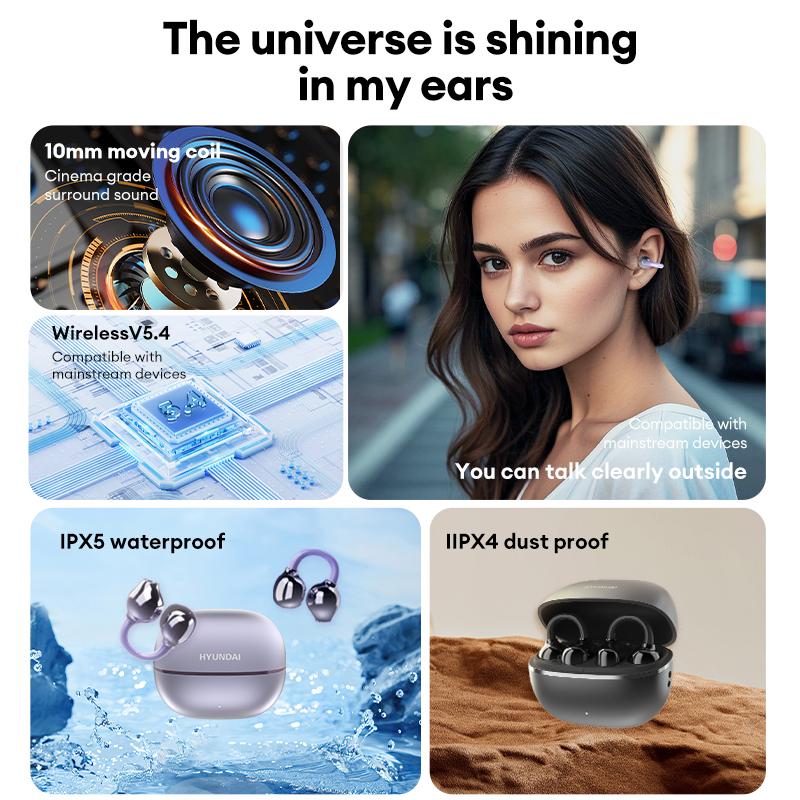 HYUNDAI Earclip C7 Wireless Earphones with Clip-On Design, Upgraded Panoramic Sound, Comfortable Fit, IP45 Waterproof Sports Earbuds, Audio Wireless Headphones for Music, Calls & Workouts