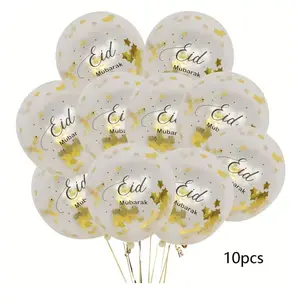 Set of 10 Eid Mubarak Celebration Balloons, 12 Inches in Size, Featuring Golden Confetti Latex, Perfect for Muslim Celebrations, And Requires No Electricity