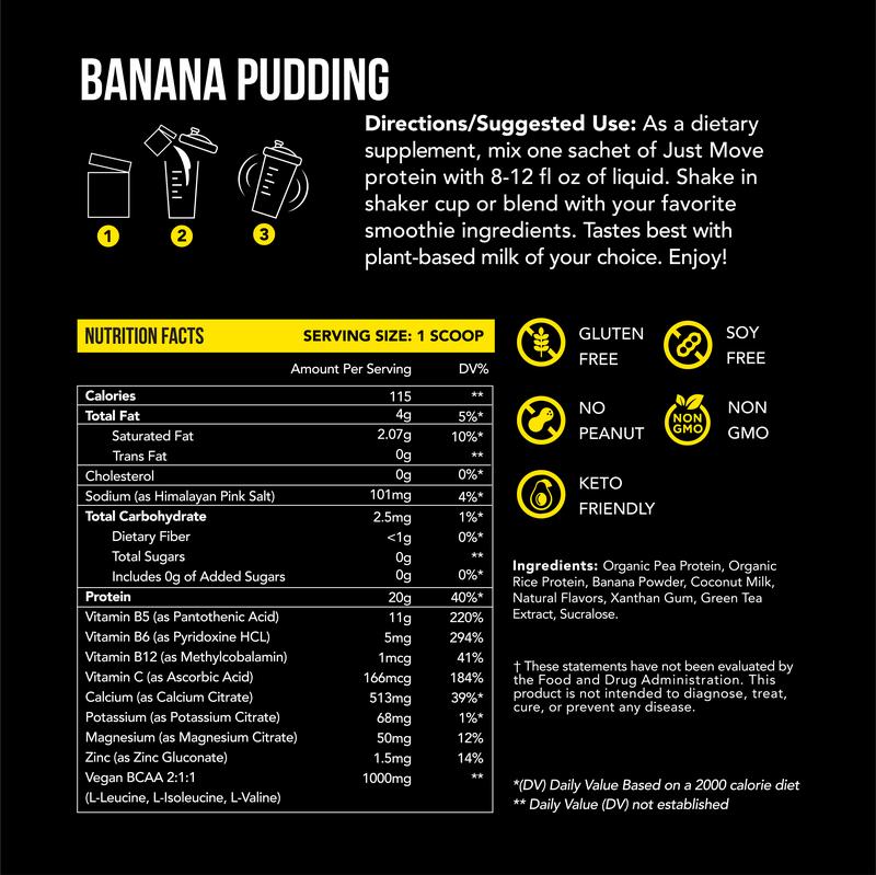Just Move Protein - Banana Pudding - Vegan (Plant Based) Organic, Dairy Free, Soy Free, Gluten Free, Keto, Peanut Free, 20g Protein, Low Carb, Non GMO supplements fitness dietary supplement loaded workout Nutrition Powder Dessert Flavor Healthy Fruit