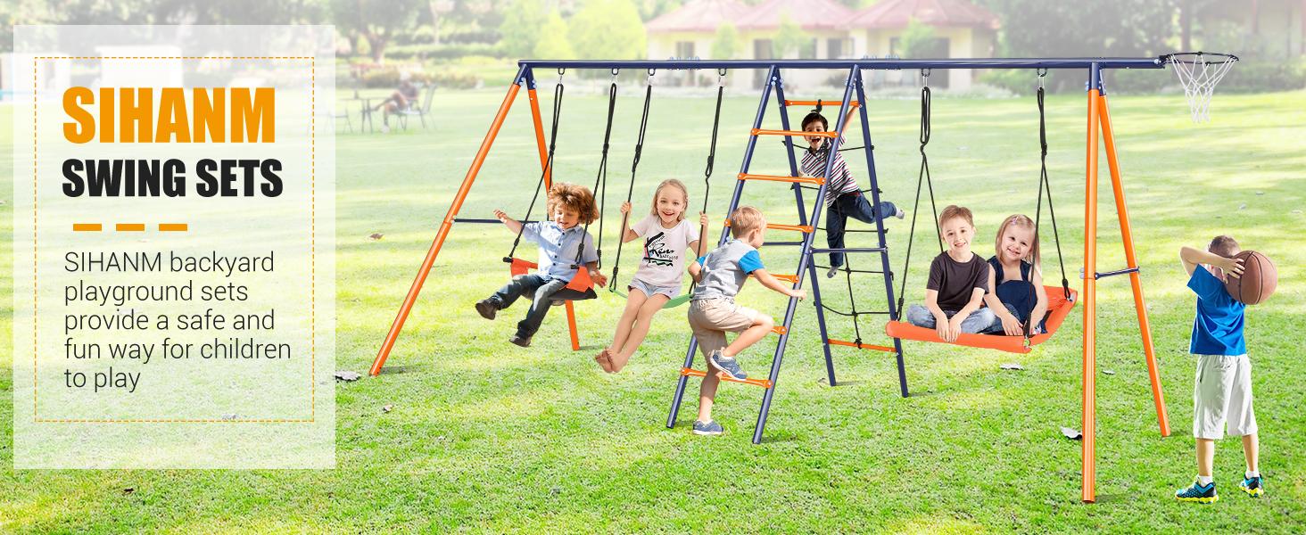 Swing Sets for Backyard 700 lbs - 6 in 1 Multifunction Swing Set Outdoor for Kids Playground, Larger Heavy Duty Metal Swing Stand with 3 Adjustable Swings, Climbing Ladder and Net, Basketball Hoop