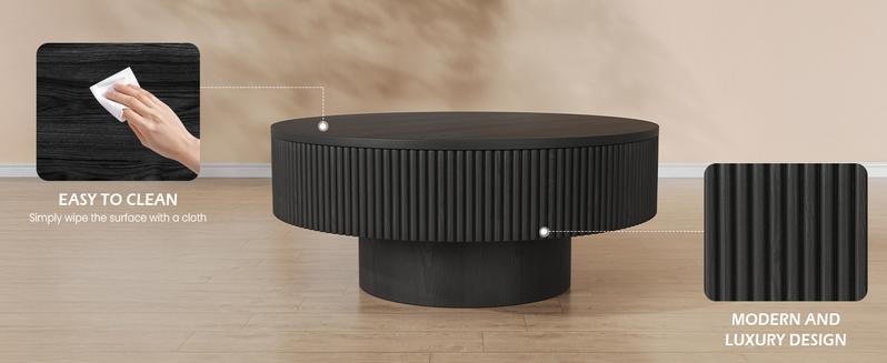 YOUDENOVA 31/35" Round Fluted Coffee Table Modern Wood Circle Veneer Handcrafted Relief Tea Table with Sturdy Pedestal for Living Room Black MDF Material Easy Assembly rios  interiors