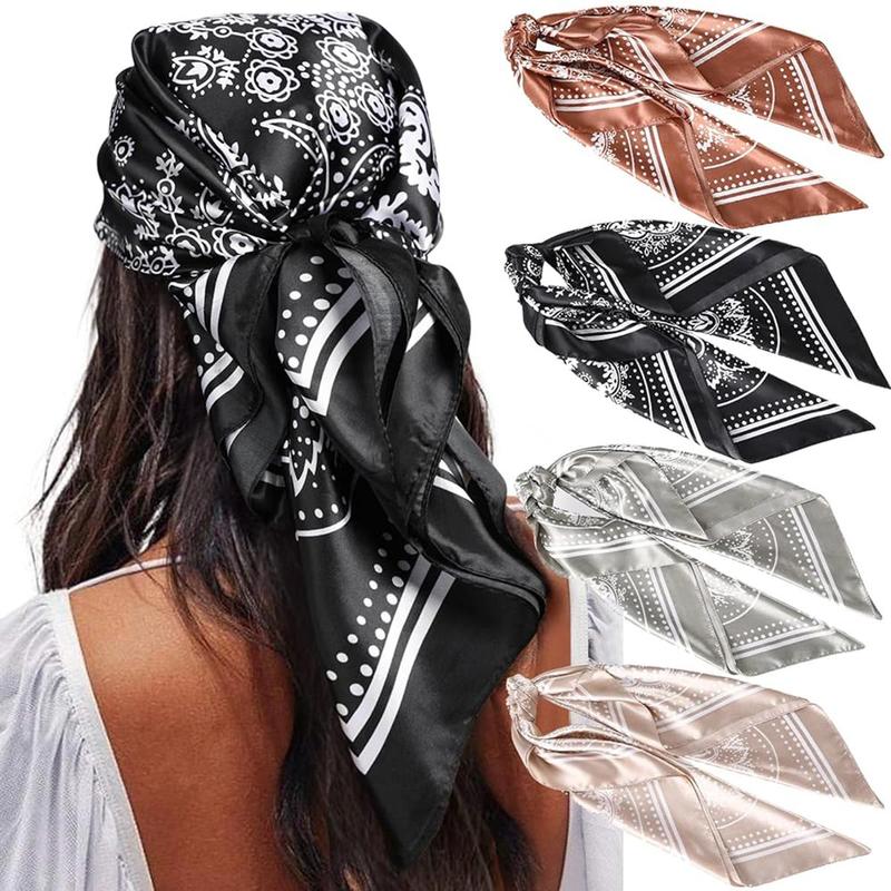 4PCS/Set 35'' Printed Square Head Scarf Neck Scarves for Women Silk Like Hair Kerchief Bandanas Neck Scarf Sleeping Head Wraps Hair Band Headscarf Female Hair Accessories