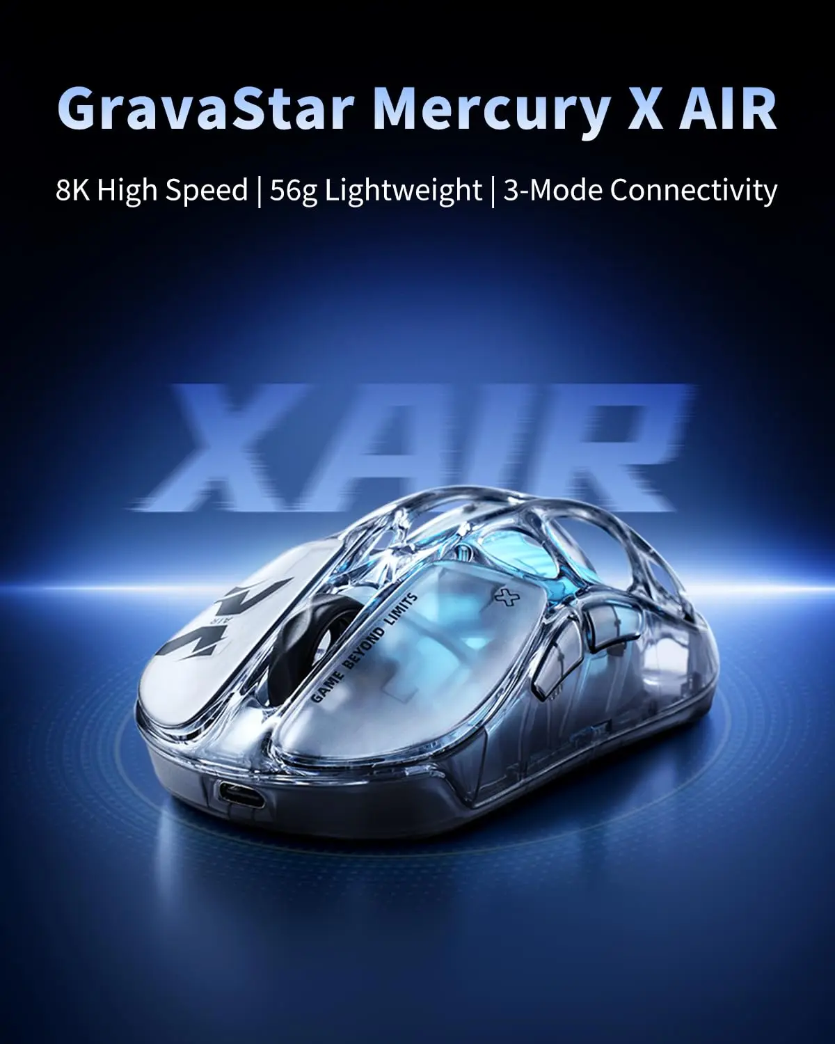 【NEW ARRIVAL】GravaStar Mercury X AIR 8K Wireless Gaming Mouse, 56g Lightweight, PAW3950 Sensor, 32,000 DPI, Futuristic Skeleton Design,Tri-Mode Bluetooth 2.4GHz USB-C, RGB Skeleton Design for FPS Esports,PC Gaming Setup