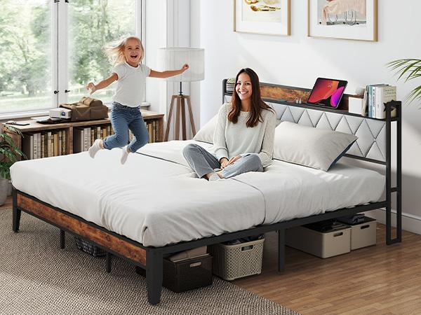 Full Bed Frame with Headboard, Underbed Storage, Built-in Charging Ports, Sturdy Noiseless Design, Tool-Free Assembly, No Box Spring Needed