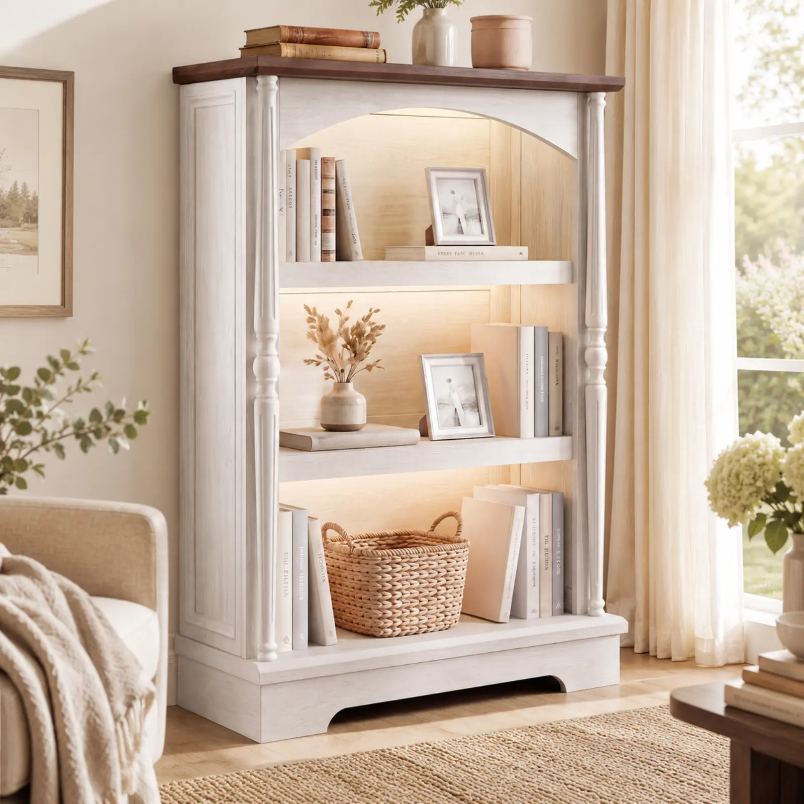 3-Tier Arched Bookcase with LED Lights, Farmhouse Bookshelf with Solid Wood Classical Columns, Floor Standing Wooden Open Display Storage Book Case, Bookshelves for Home Office, Living Room