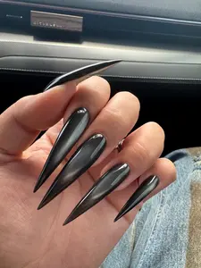Black Pearl Long Stiletto Press On Nails Cat Eye Glitter Goth Gel Pointy Nails with 3D Gold Accents & Floral Designs for Art and Vintage Lovers