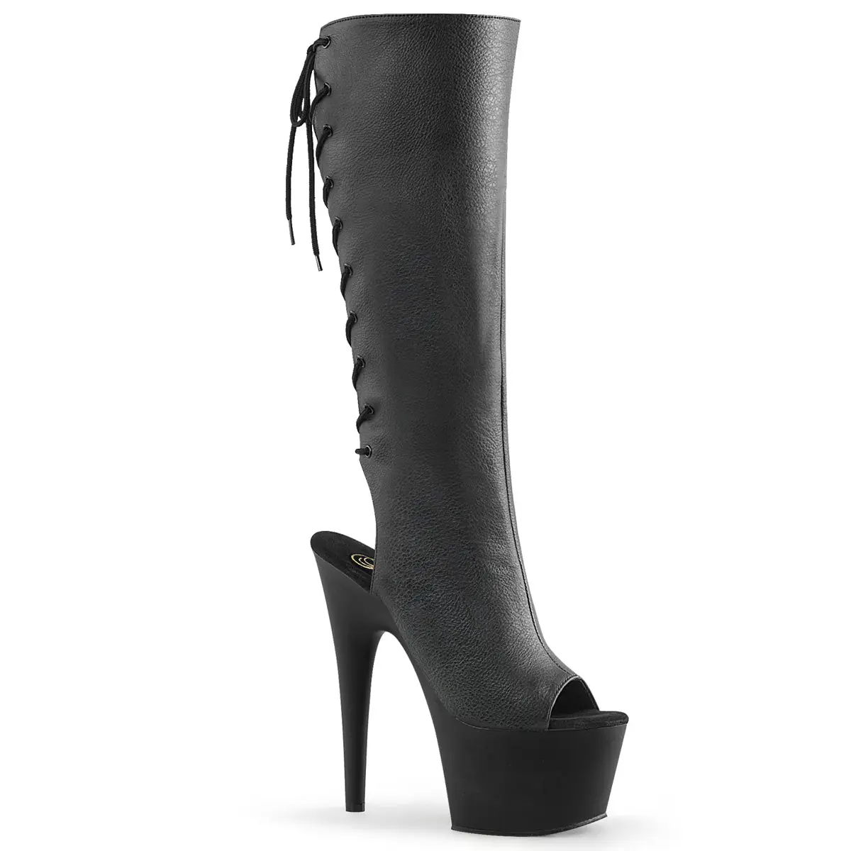 Pleaser Adore-2018 Women's 7" Stiletto Heel Platform Boots in Black Vegan Leather with Open Toe, Back Lace-Up & Side Zip Closure, Black Vegan Leather/Black, Footwear