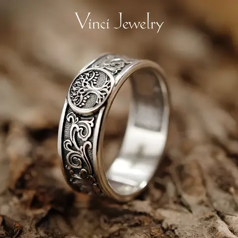 925 Sterling Silver Vintage Tree of Life Ring, Norse Mythology Retro Yggdrasil Design Viking Jewelry, Trendy Pagan Jewelry, Hypoallergenic Unisex with Jewelry Gift Box,Mother's day Gift