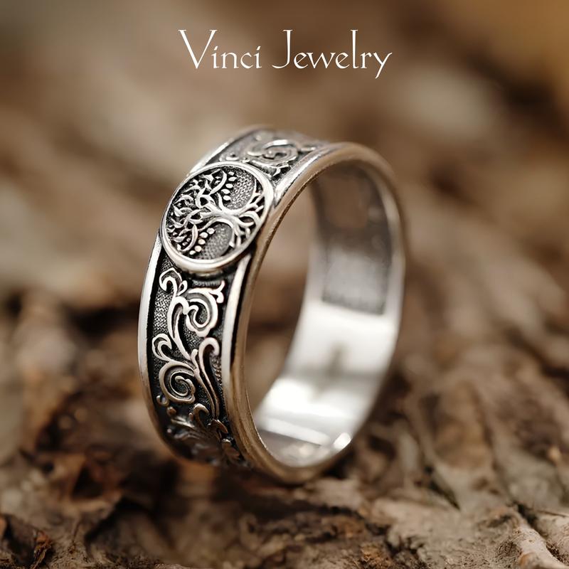 925 Sterling Silver Vintage Tree of Life Ring, Norse Mythology Retro Yggdrasil Design Viking Jewelry, Trendy Pagan Jewelry, Hypoallergenic Unisex with Jewelry Gift Box,Mother's day Gift