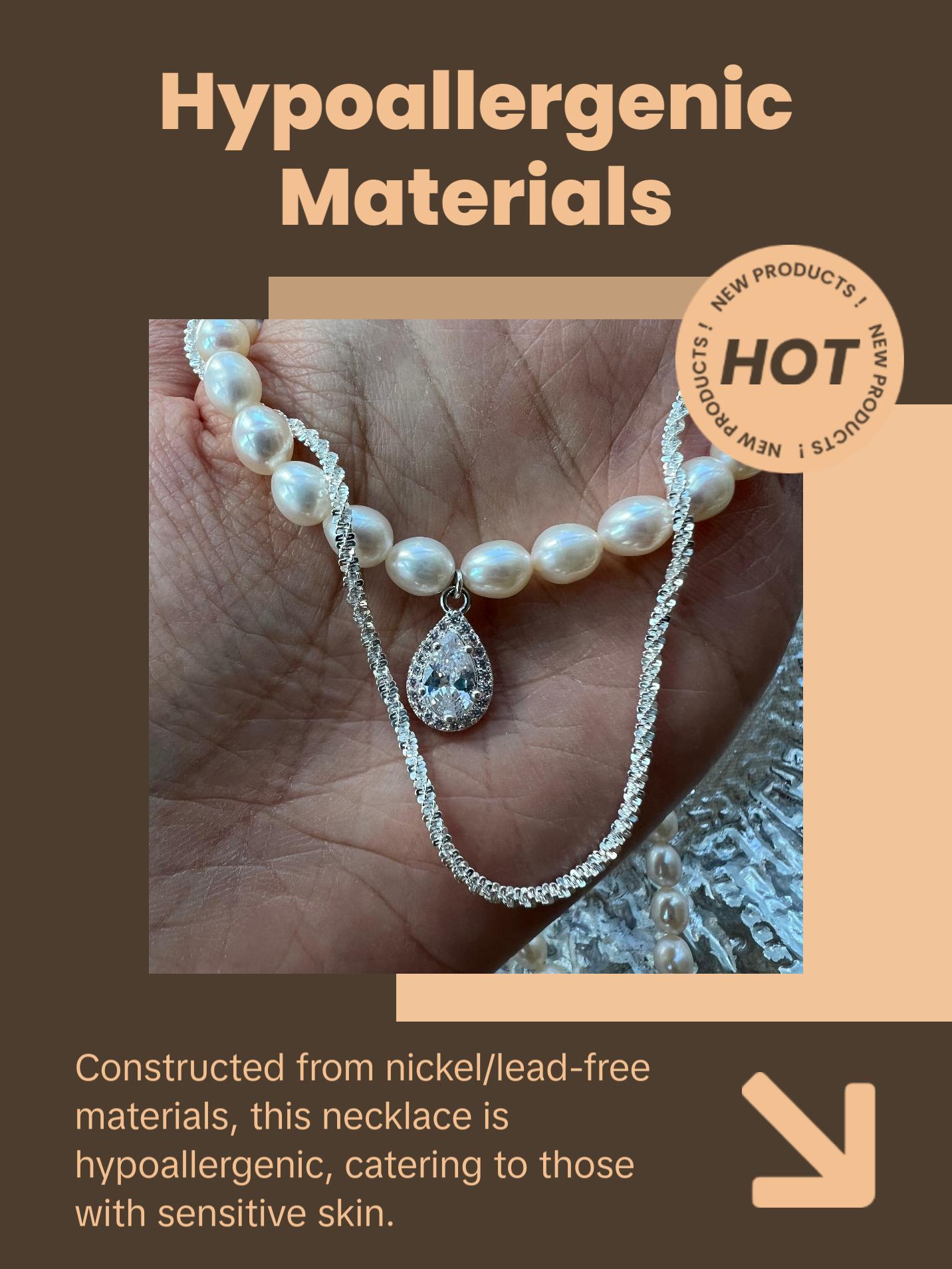 Pearl Choker with Charm, Double Layer Necklace, Freshwater Pearl Necklace, 2 Ways Necklace, Silver chain Teardrop Cz Pendant Pearl Necklace