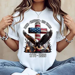 American Flag Cross Eagle Design T-Shirt With Unity Freedom 250 Years 1776 2026 Print For Independence Day Celebration And Patriotic Events