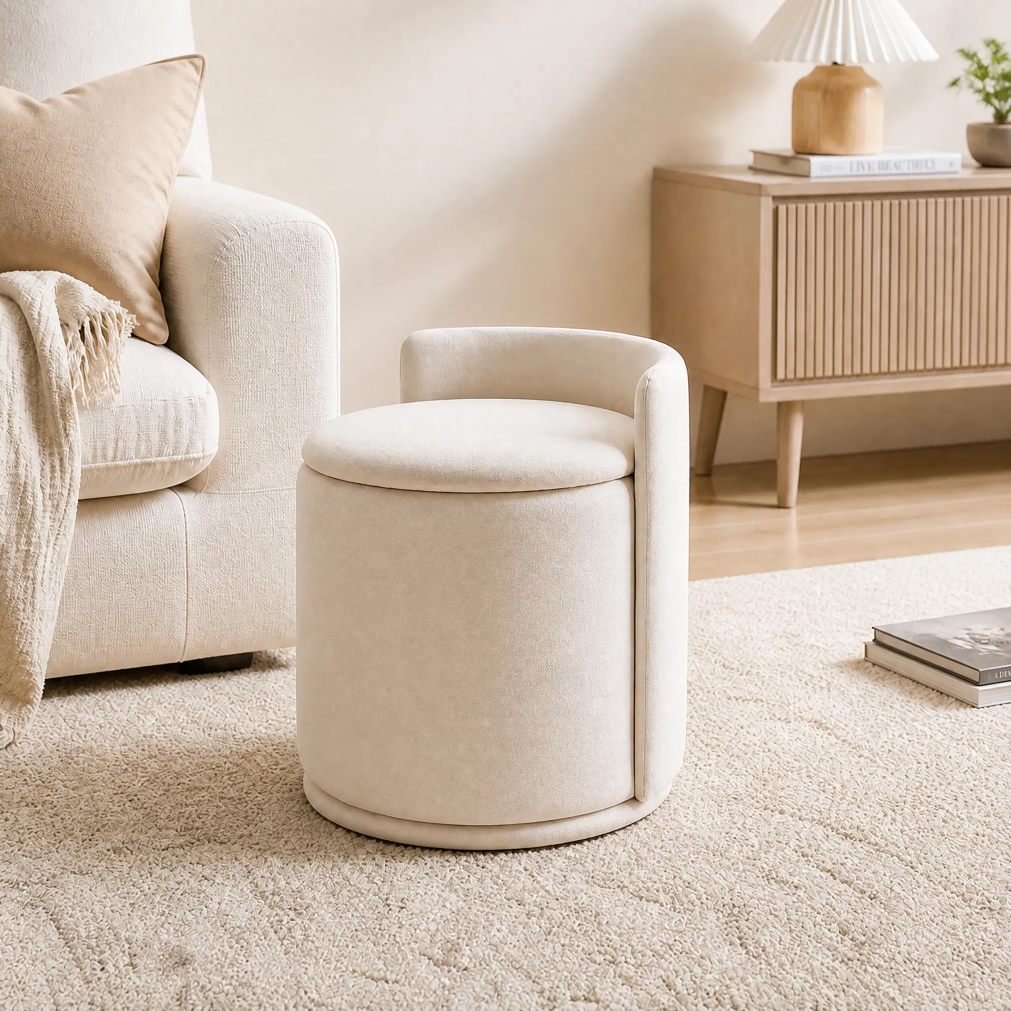 Swivel Upholstered Multifunctional Vanity Stool, Cloud-Soft Velvet  Storage Ottoman, Rolling Stool Living Room Furniture, Ideal for Bedroom Vanity Routines, Upholstered Stool