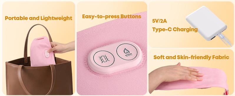 Portable Heating Pad for Cramps and Back,Larger Heating Area Ultra Thin Cordless Electric Period Fast Heat Pad Pain Relief Menstrual Belt 3 Heat 5 Massage Modes Valentine's Day Gifts for Women Girls Her Pink
