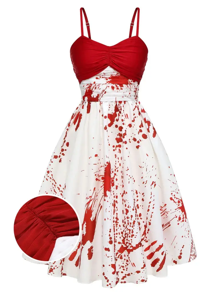 RETRO STAGE Women's 1950s Vintage Sleeveless Spaghetti Strap Red-White Halloween-Themed Casual Dress, Bold Color Scheme Outfit for Halloween Events, Halloween-Themed Casual Dresses tiktokshopbacktoschool