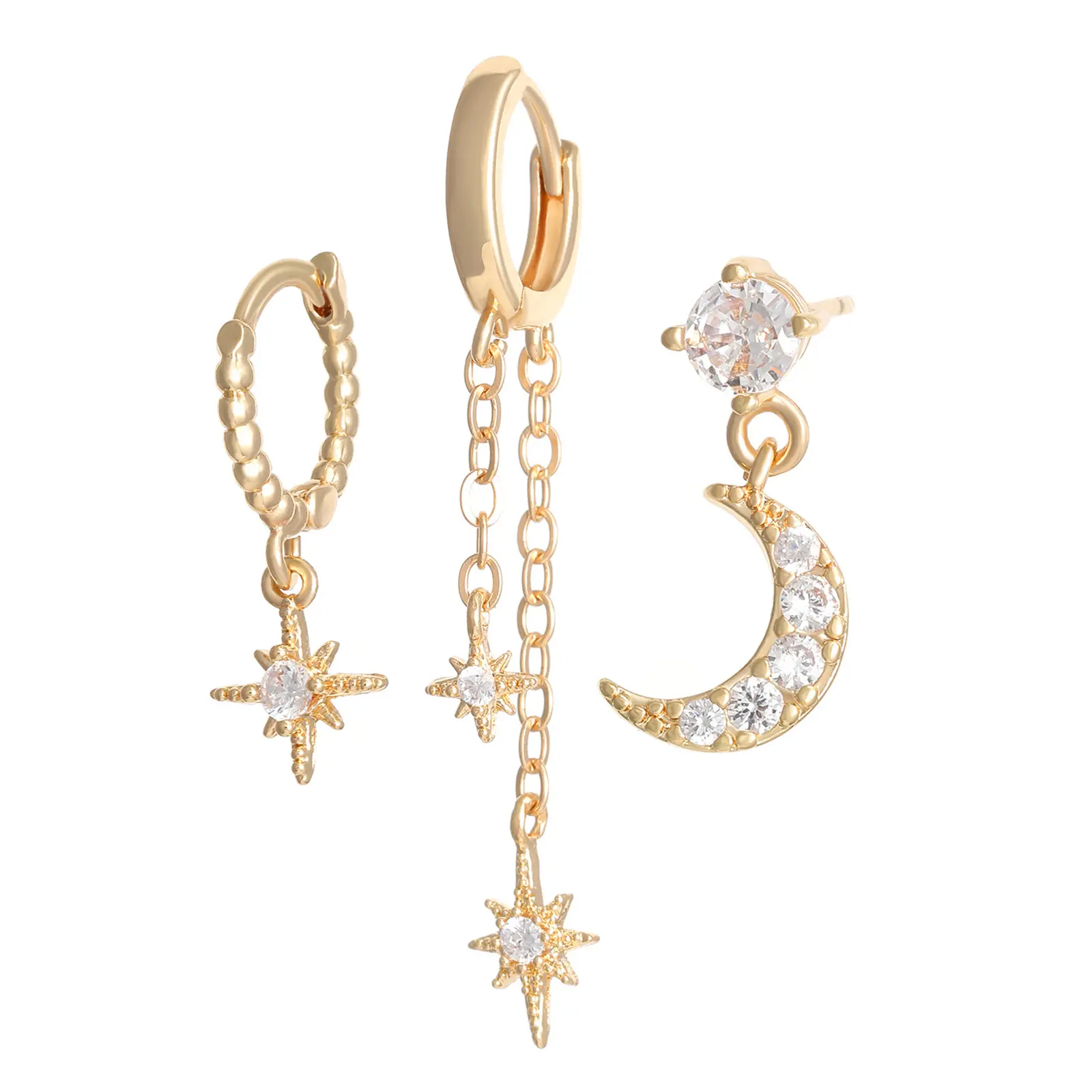 Star and Moon Earrings Set: 3 Piece Zirconia Embellished Stacking Dangle Hoop Earrings for Women, Jewelry Gifts, Lightweight Earring summerwins,summerwins