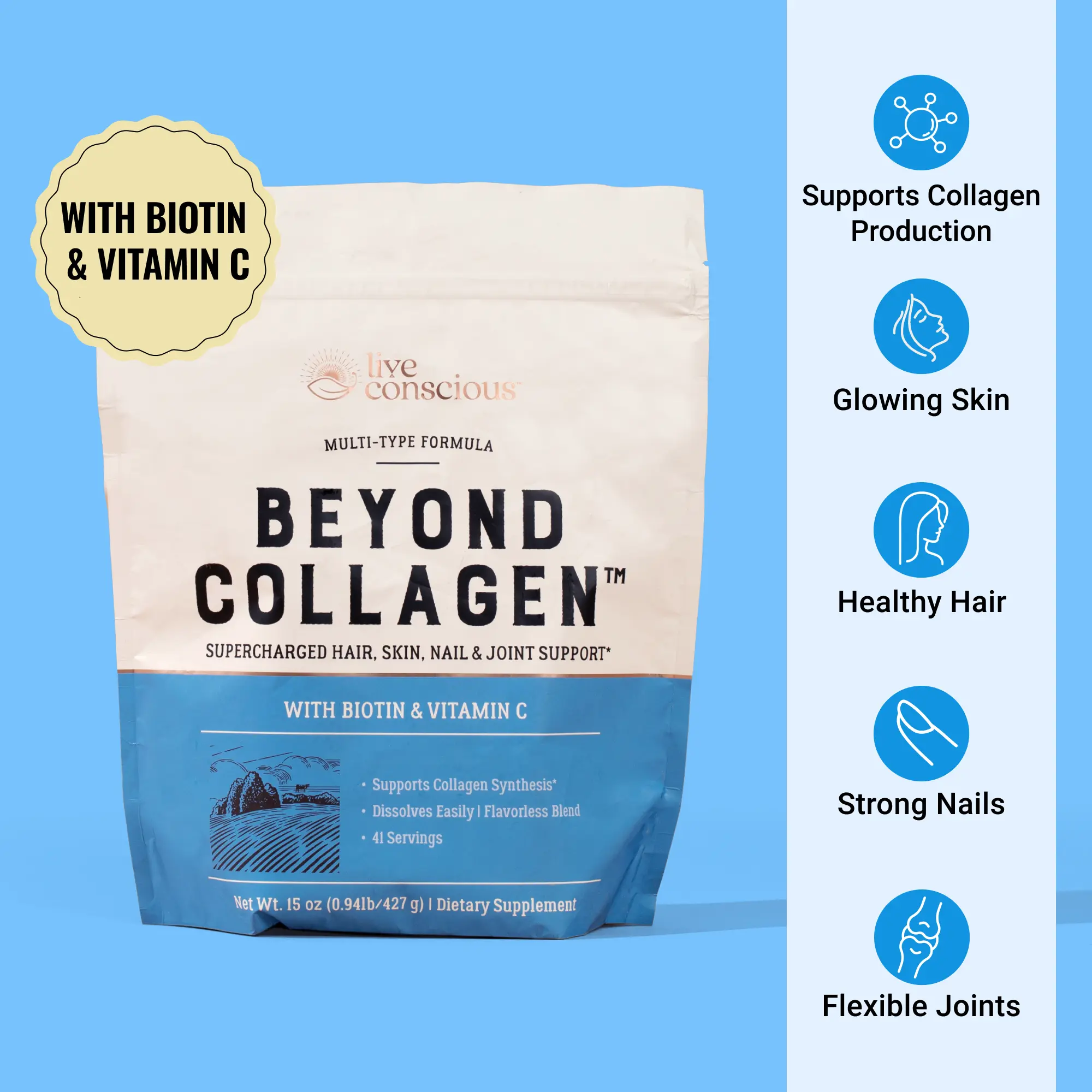 Live Conscious Beyond Collagen Multi Collagen Powder - Types I, II, III, V & X Hydrolyzed Collagen Peptides Powder Blend w/ Biotin & Vitamin C
