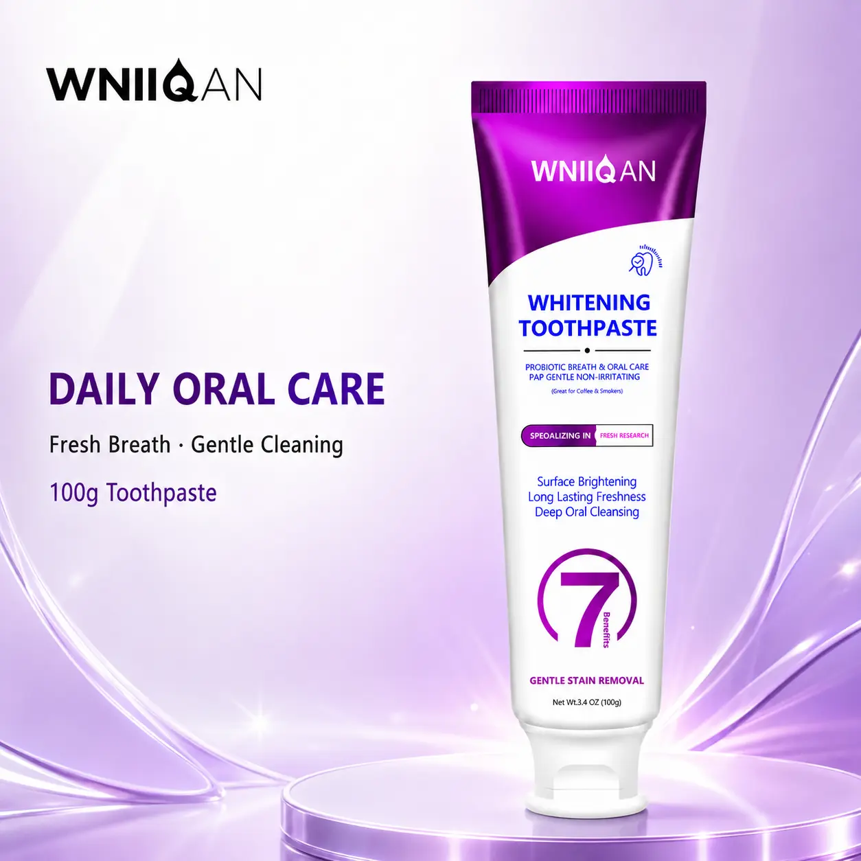 WNIIQAN Purple Gel Toothpaste with Fine Particles, Fresh Breath & Gentle Daily Cleaning, PAP-Based Peroxide-Free Oral Care Formula, 3.4 oz / 100g tooth