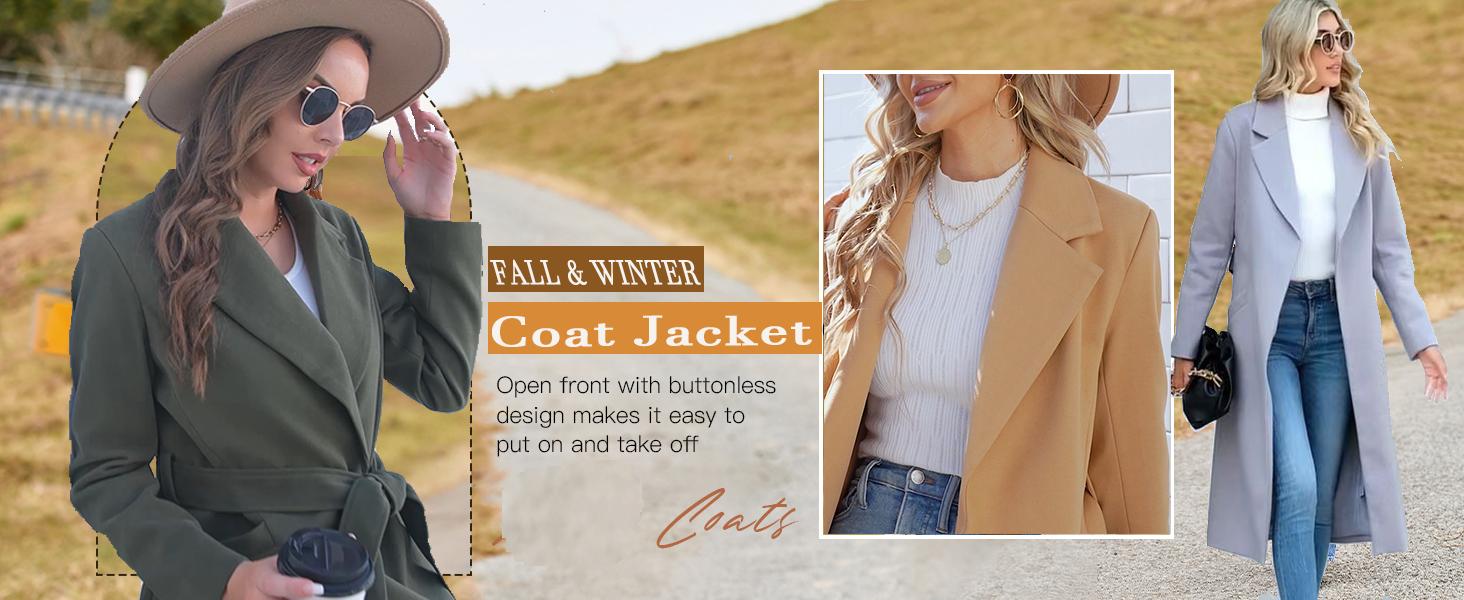 Tankaneo Womens Classic Coat Lapel Collar Open Front Belted Long Jacket Tankaneo Womens Classic Coat Lapel Collar Open Front Belted Long Jacket