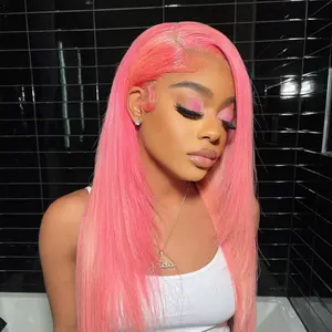 OQ HAIR Pink Colored Straight Wear Go Wig 220% Density 7x5 Pre Cut Glueless Human Hair Wigs Pre Colored For Woman Beginner Friendly Light Pink Wigs