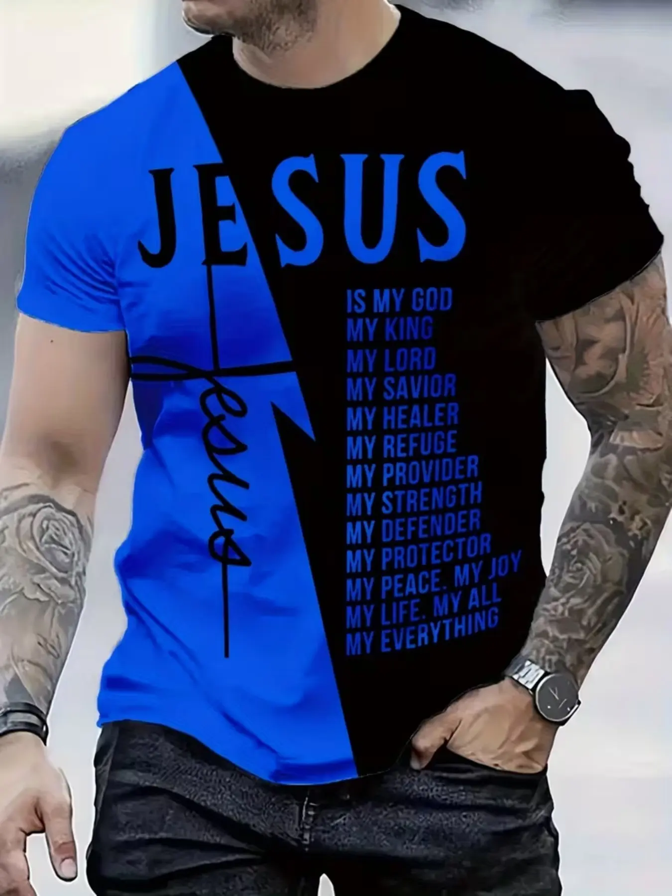 Men's "Jesus" Letter Print Fitted T-Shirt, Fashion Streetwear Casual Colorblock Short Sleeve Round Neck Casual Style Tee, Trendy Religious Graphic Tee for Couples, Comfortable and Breathable Design, Casual Comfy Streetwear