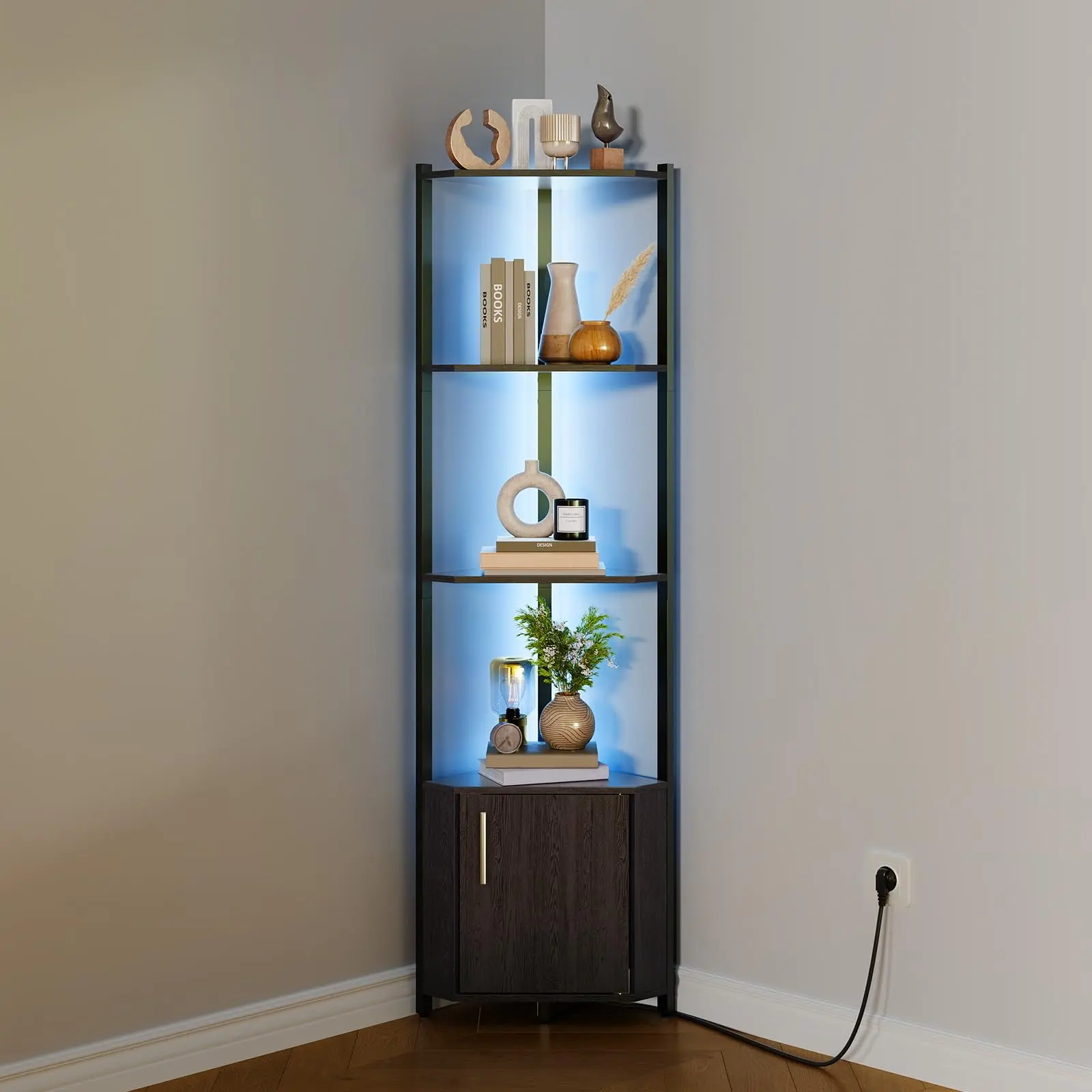 Garvee 5-Tier Corner Shelf Cabinet with LED Light, 57'' Tall Metal Frame & Wood Shelves, Aesthetic Multi-Purpose Organizer for Living Room Decor & Home Office Room Decor, Aesthetic Bathroom Decor