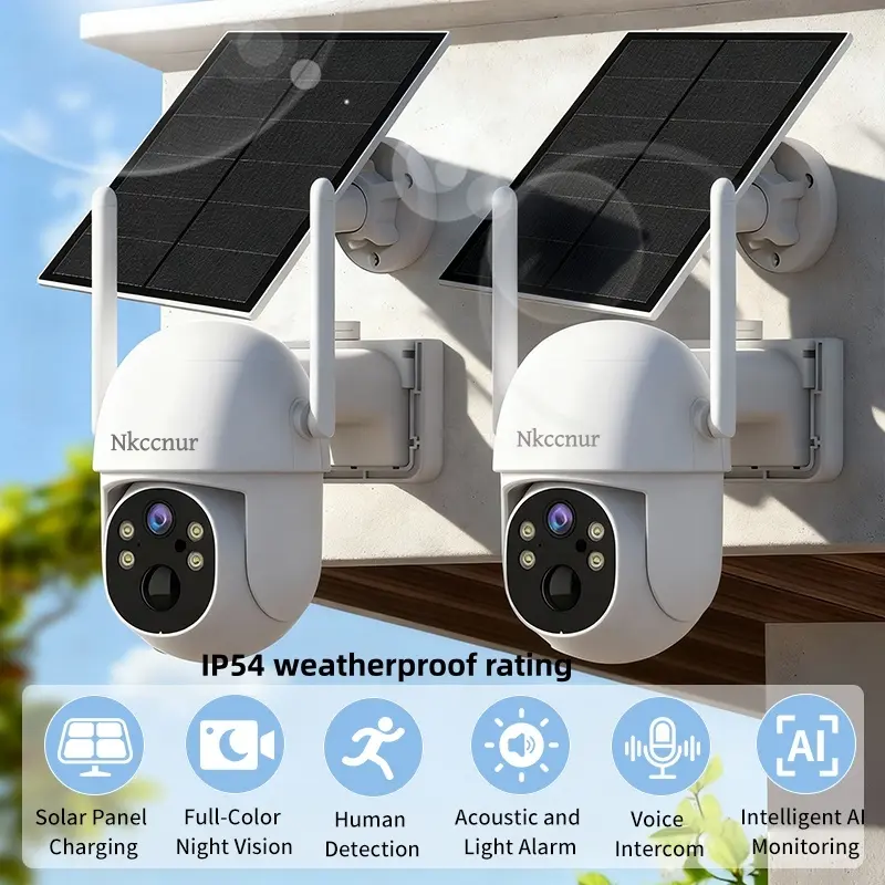 2PCS Security Cameras, Solar Powered ,3MP， Pan/Tilt Control, IP54 Waterproof Dustproof, Night Vision,  Two-Way Audio, Encrypted Cloud Storage